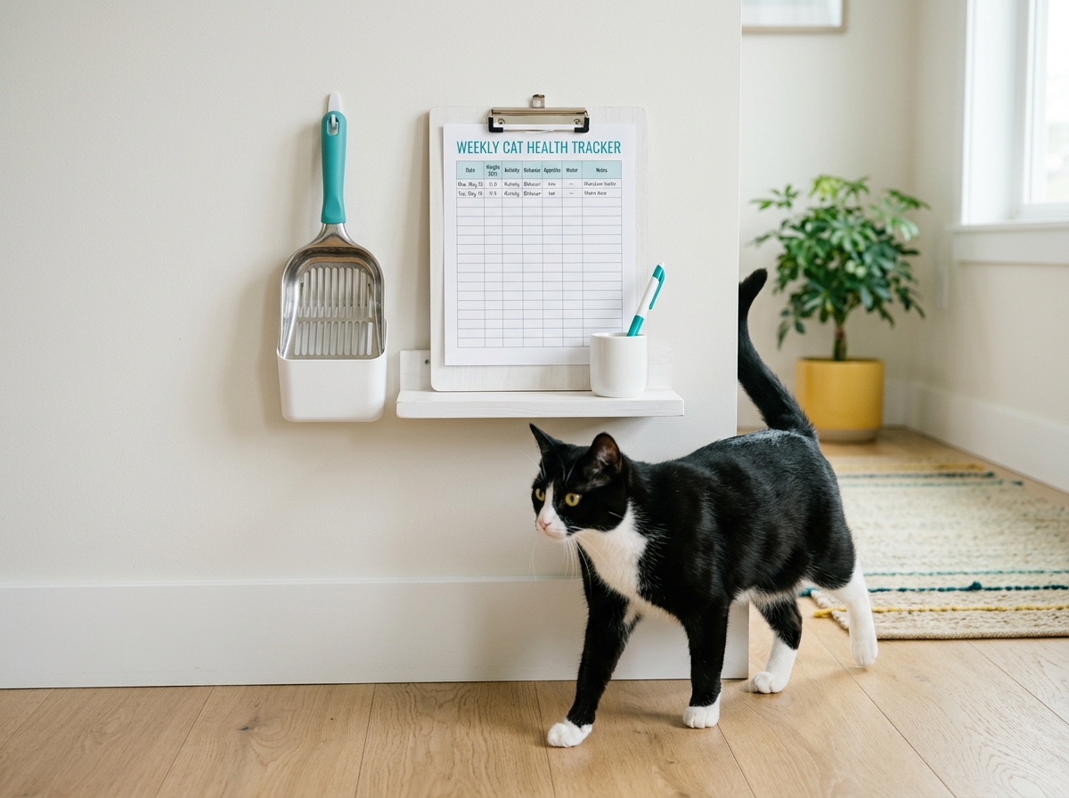 The weekly tracker turns appetite, water, weight, litter, grooming, and energy into a five-minute habit.