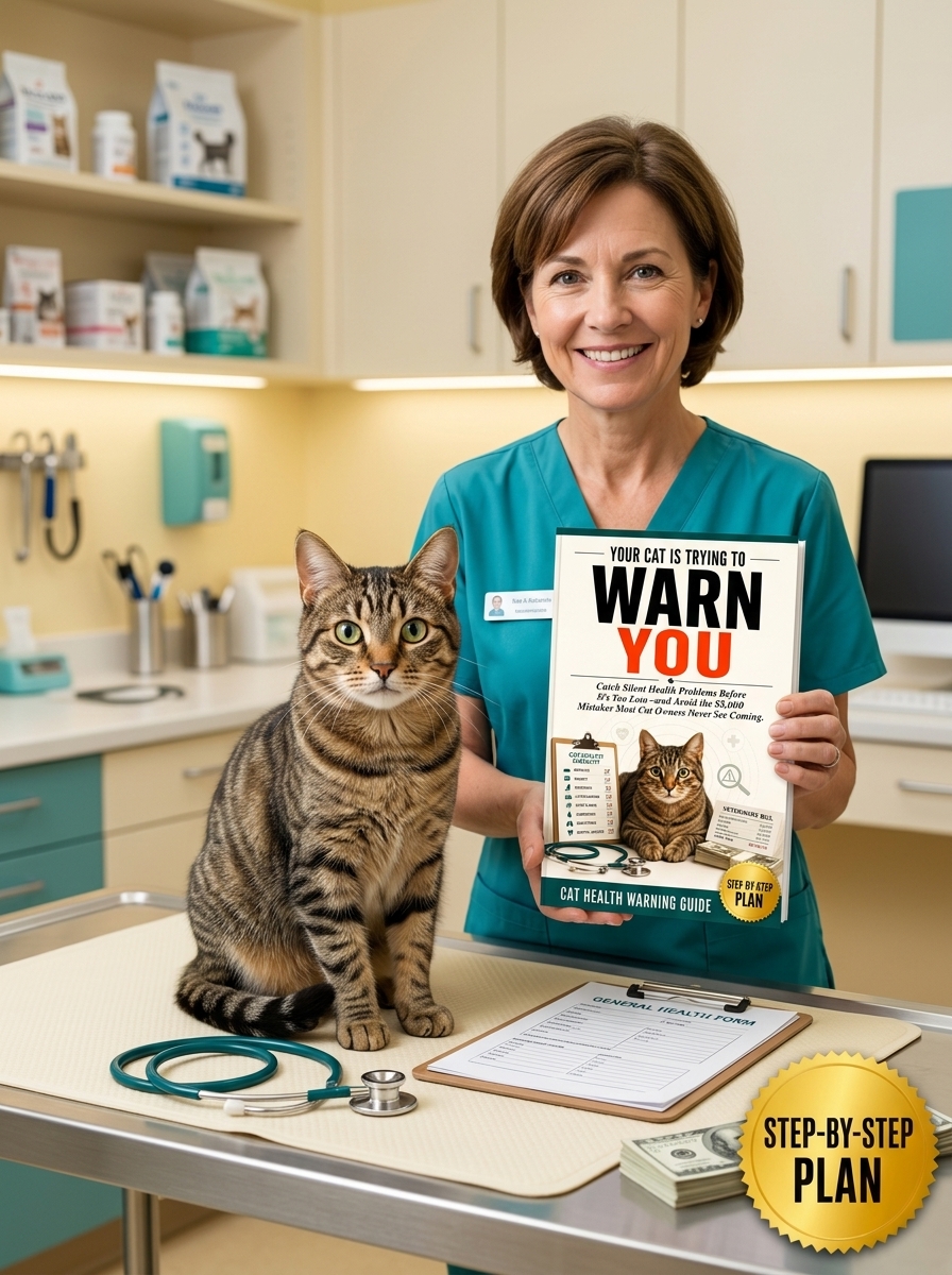 Veterinarian holding the Cat Health Warning Guide beside a cat